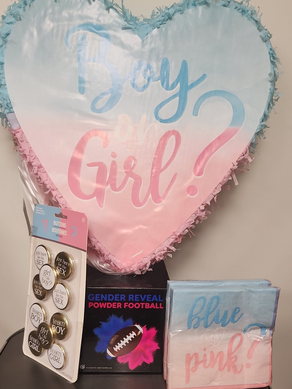 Gender Reveal Blue and Pink Heart Pinata with Party Accessories
